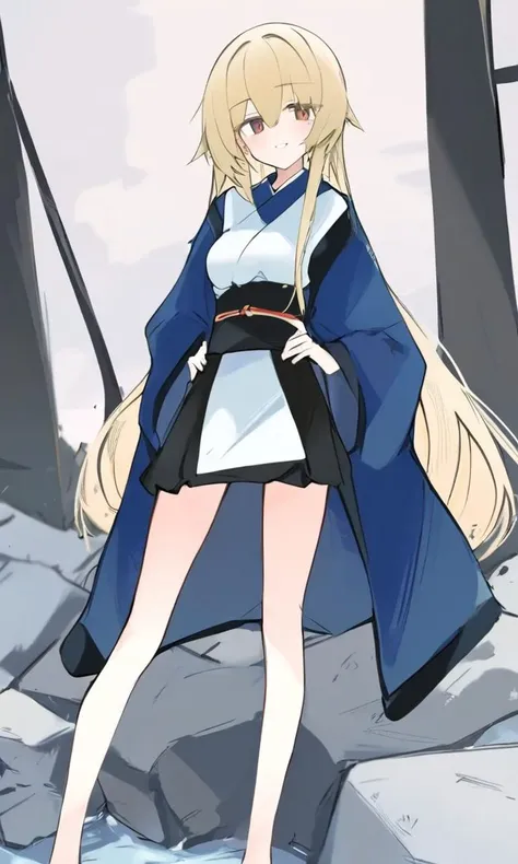 by mikozin, <lora:SDXL_AWD_character_ashikaga_chachamaru-000015:1>,ashikaga_chachamaru,smile,blonde hair,1girl,solo,hands_on_own_hips,looking_at_viewer,ruins,detailedaesthetic, best quality