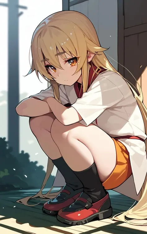 squatting, score_9, score_8_up, score_7_up, score_6_up, <lora:PONY_character_ashikaga_chachamaru:1>,ashikaga_chachamaru,blonde hair