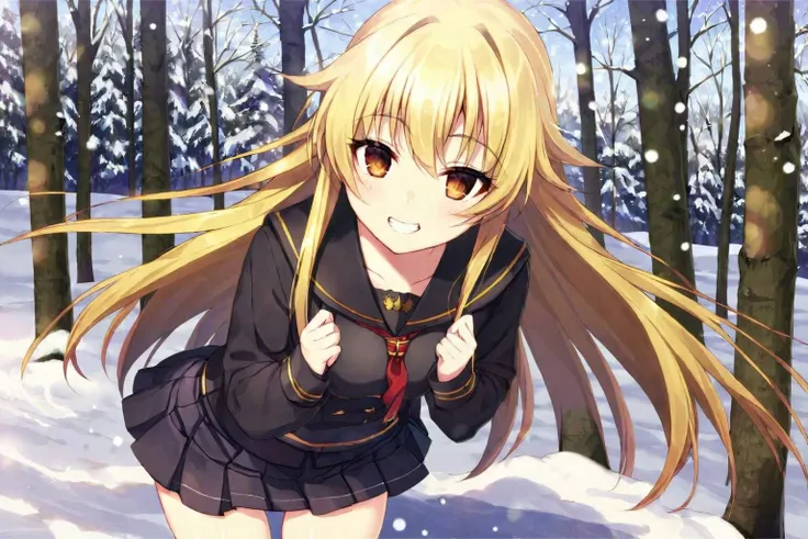 in winter,:d,mesugaki,serafuku,skirt,, original,ultra detailed,(masterpiece, best quality:1.2), <lora:chachamaru10241024-000009:1>,ashikaga chachamaru,(1girl:1.2),blonde hair,solo