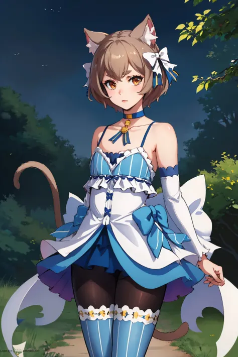 (masterpiece, best quality:1.2), cowboy shot, solo, male focus, 1boy, felix argyle, otoko no ko, :3, looking at viewer, hair bow, dress, striped, ribbon, detached sleeves, pantyhose, blue choker, tail, collarbone, bare shoulders <lora:rezero_felixargyle:1.0>