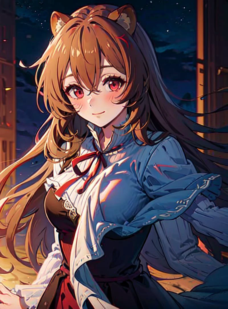 Masterpiece, 1girl, adult girl, raccoon girl, solo, ((Windswept Disheveled orange brown long hair)), hair between eyes, hair covers human ears, hair ornaments, red raccoon ears, raccoon tail, red eyes, Raphtalia, closed mouth, light smile, happy, blush, long night dress with lace, neck ribbon, middle breasts, bedroom, night, portrait, extremely beautiful, wallpaper, 4k, <lora:RaphtaliaLora:0.61>