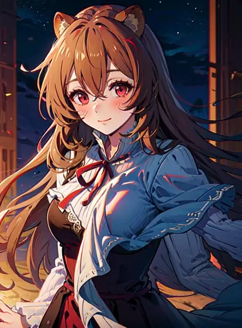 Masterpiece, 1girl, young adult girl,  raccoon girl, solo, ((Windswept Disheveled orange brown long hair)), hair between eyes, hair covers human ears, hair ornaments, red raccoon ears, raccoon tail, red eyes, Raphtalia, closed mouth, light smile, happy, blush, long night dress with lace, neck ribbon, middle breasts, bedroom, night, portrait, extremely beautiful, wallpaper, 4k, <lora:RaphtaliaLora:0.61>