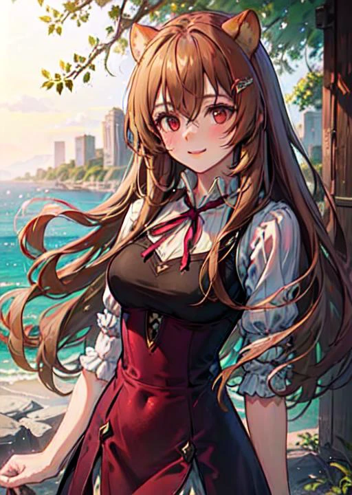 Masterpiece, 1girl, adult girl, raccoon girl, solo, ((Windswept Disheveled orange brown long hair)), hair between eyes, hair covers human ears, hair ornaments, red raccoon ears, raccoon tail, red eyes, Raphtalia, light smile, happy, blush, red and black long dress, neck ribbon, middle breasts, outdoor, summer, portrait, extremely beautiful, flowers, wallpaper, 4k, <lora:RaphtaliaLora:0.61>