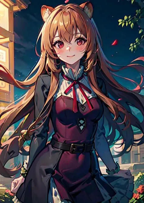 Masterpiece, 1girl, young adult girl,  raccoon girl, solo, ((Windswept Disheveled orange brown long hair)), hair between eyes, hair covers human ears, hair ornaments, red raccoon ears, raccoon tail, red eyes, Raphtalia, light smile, happy, blush, red and black long dress, black jacket,loose neck red ribbon, middle breasts, outdoor, summer, portrait, night, extremely beautiful, flowers, wallpaper, 4k, <lora:RaphtaliaLora:0.61>