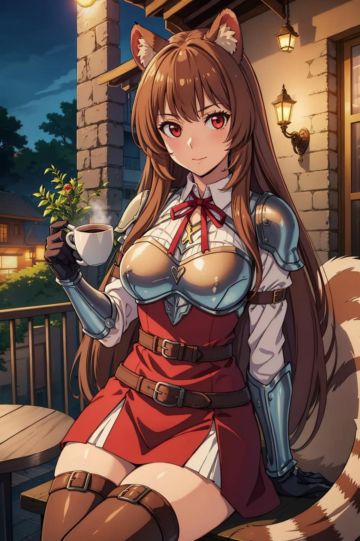 at a cafe terrace, outdoor seating, aromatic coffee, socializing, 1girl, raphtalia, racoon tail, racoon girl, brown hair, red eyes, thighhighs, long sleeves, dress, holding, animal ears, very long hair, closed mouth, belt, armor, red ribbon, animal ear fluff, neck ribbon, brown gloves, breastplate, <lora:RaphtaliaLora:0.3>, sexy, looking at viewer, <lora:add_detail:0.3>