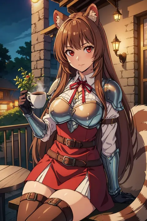 at a cafe terrace, outdoor seating, aromatic coffee, socializing, 1girl, raphtalia, racoon tail, racoon girl, brown hair, red eyes, thighhighs, long sleeves, dress, holding, animal ears, very long hair, closed mouth, belt, armor, red ribbon, animal ear fluff, neck ribbon, brown gloves, breastplate, <lora:RaphtaliaLora:0.3>, sexy, looking at viewer, <lora:add_detail:0.3>