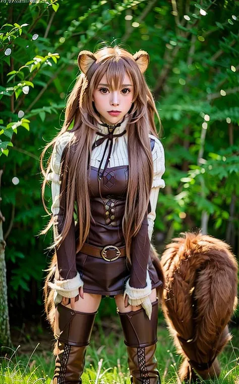 a raph, raccoon ears, raccoon girl, animal ears, long hair, brown hair, raccoon tail, tail, gloves, brown gloves, belt, thigh boots, thighhighs, zettai ryouiki, (red ribbon:1.1), masterpiece, best quality, solo, cinematic lighting, looking at viewer, full body, grass, lantern, light_particles ,<lora:koreanDollLikenesss_v10:0.6> , <lora:raphtalialora_v1:0.7>