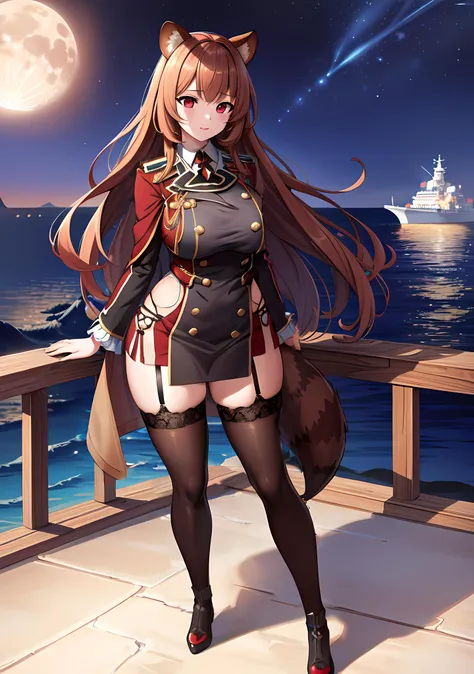 raphtalia, 1girl, long hair, brown hair, raccoon ears, large breasts, red eyes, standing, full body, military uniform, german flag, iron cross, black boots, garter straps, port, military ship, sea, night sky, night,storm,  
 <lora:RaphtaliaLora:0.2> <lora:PrinzEugenV4-15:0.2>v, masterpiece, best quality, (masterpiece:1.3),best quality, ultra-detailed,detailed skin texture, detailed cloth texture, beautiful detailed face,  8k, ultra hd, super detailed