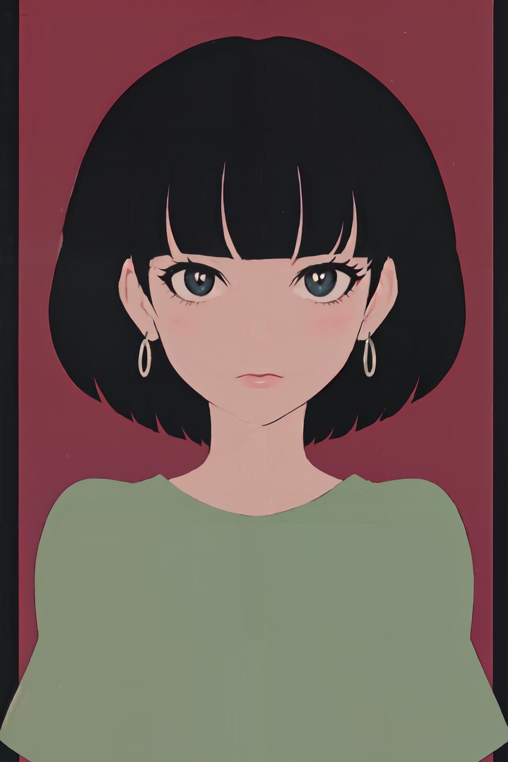 A cartoon girl with black hair and green shirt looking at the camera ...