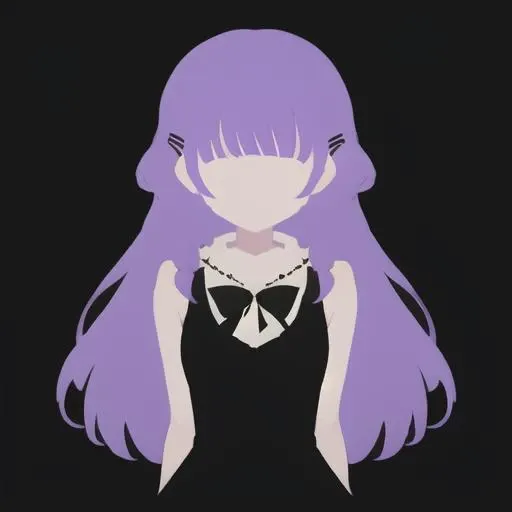 masterpiece, best quality, <lora:anime_minimalist_v1:1>, anime minimalist, dress, 1girl, long hair, hair ornament, arms behind back, black dress, hairclip, night background, bowtie, bare shoulders, detached collar, frilled dress, parted lips, medium breasts, purple hair, black bow, sleeveless dress, standing, short dress,