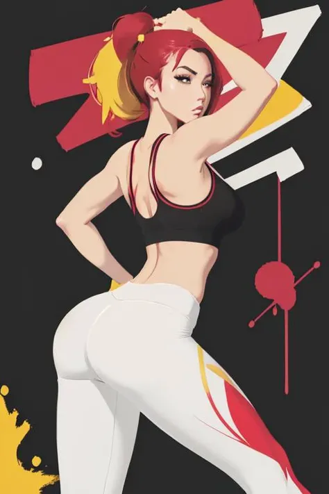 (((minimalist))), (((illustration))), cover art, jade red yellow white highlights, graffiti, paint splash, stylistic, woman <lora:thick_fit:0.6> masterpiece high quality, tank top, yoga pants, body butt, posing sexy <lora:anime_minimalist_v1:0.6>