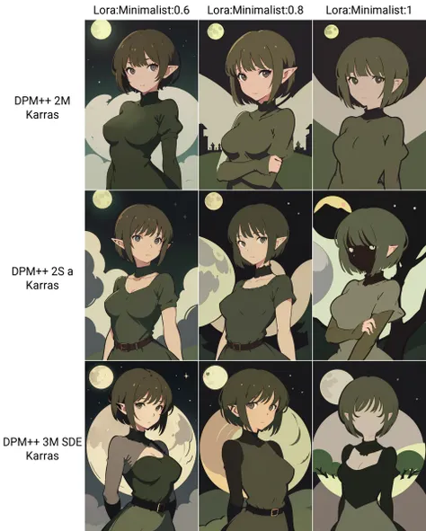 1girl, brown hair, grey eyes, short hair, breasts, (elf:0.91), green dress, upper body, moon, <lora:Minimalist:0.6> anime minimalist, (masterpiece, best quality:1.21)
