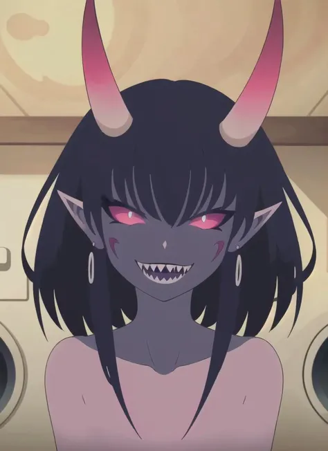 ((best quality)), ((highly detailed)), masterpiece, ((official art)), detailed face, beautiful face, (detailed eyes, deep eyes), (1girl), cowboy shot, <lora:HerzhaV1:.6>, herzha, pink eyes, slit pupils, black lips, grin, sharp teeth, purple skin, horns, completely nude, (in a laundromat), ((<lora:minimalistAnimeStyle_v10:.85>, anime minimalist))