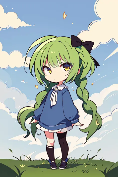 masterpiece, best quality, ultra-detailed, absurdres, colorful, 1girl, solo, yellow eyes, green hair, braids, detailed eyes, wide-eyed, eyelashes, looking at viewer, full body, <lora:yuzusoft-chibiV2:0.8> chibi <lora:anime_minimalist_v1:0.7>, outdoors, nature, clouds, grass, blue theme, sparks, hair bows