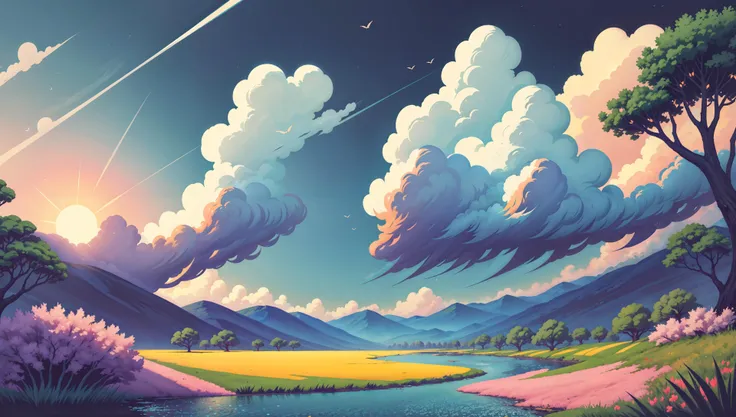 masterpiece, best quality, ultra-detailed, absurdres, colorful, landscape, anime, <lora:anime_minimalist_v1:0.9>, forest, clouds, fantasy, birds, road, blue sky, (river:0.7), field of flowers, sun, <lora:add_detail:1>
