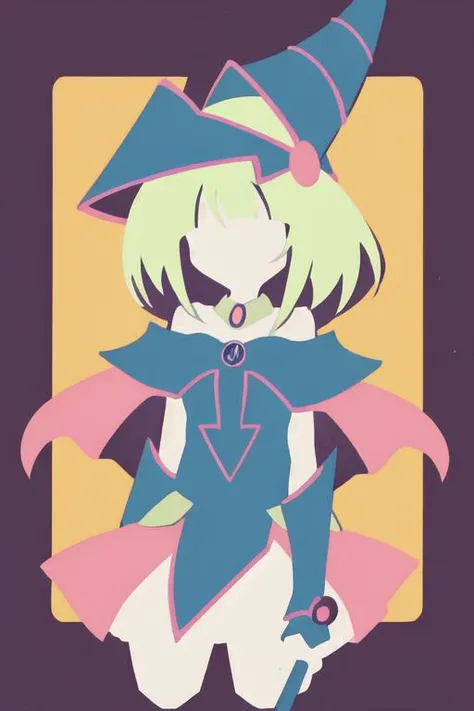 (masterpiece),(best quality), anime minimalist,<lora:minimalistAnimeStyle_v10:1>,
((upper body)),1girl, solo, 
dark magician girl,,blonde hair, blue footwear, blue headwear,hat,pentacle, pentagram, solo, staff, wand, wizard hat,holding hat, <lora:dark_magician_girl:0.8>