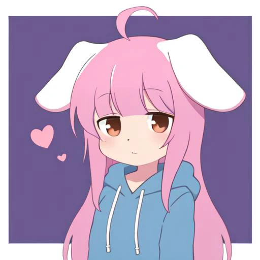 floppy folded dog ears, dog girl, dog tail, white ears, light blue hoodie, brown eyes, long wavy pink hair, anime minimalist