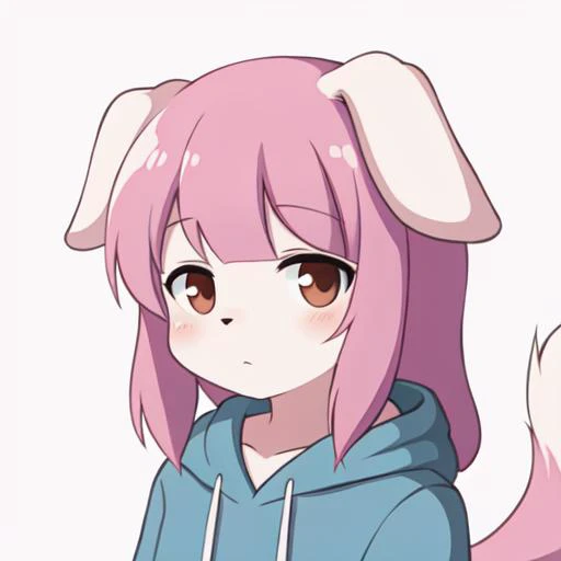 floppy folded dog ears, dog girl, dog tail, white ears, light blue hoodie, brown eyes, long wavy pink hair, anime minimalist