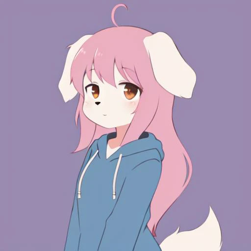 floppy folded dog ears, dog girl, dog tail, white ears, light blue hoodie, brown eyes, long wavy pink hair, anime minimalist
