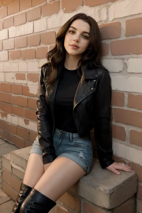 adelaide_kane wearing (brown long sleeve leather jacket), black t-shirt, denim shorts, knee high boots, long wavy hair, eyeliner, lipstick, 
sitting against brick wall, soft lighting, 
 <lora:AdelaideKane_Ultra:0.8>