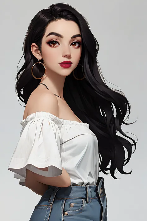 adelaide_kane, long hair, athletic body, symmetrical eyes,
light blue off-shoulder top, grey jeans, earrings, detailed skin, BREAK black lipstick, lipstick, black makeup,
portrait, headshot, head shot, HD, solid white background, realistic, proportionate body,
<lora:Adelaide_Kane:0.8>, <lora:breastsizeslideroffset:-0.3>
