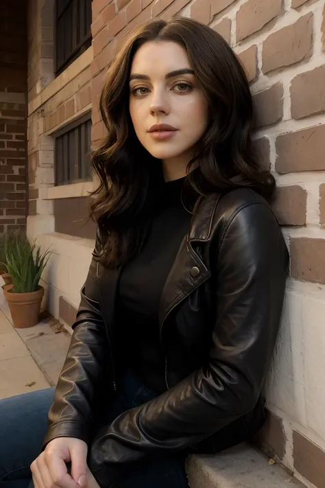 adelaide_kane wearing brown long sleeve leather jacket, black t-shirt, long wavy hair, eyeliner, lipstick, 
upper body portrait, sitting against brick wall, soft lighting, 
 <lora:AdelaideKane_Ultra:0.8>