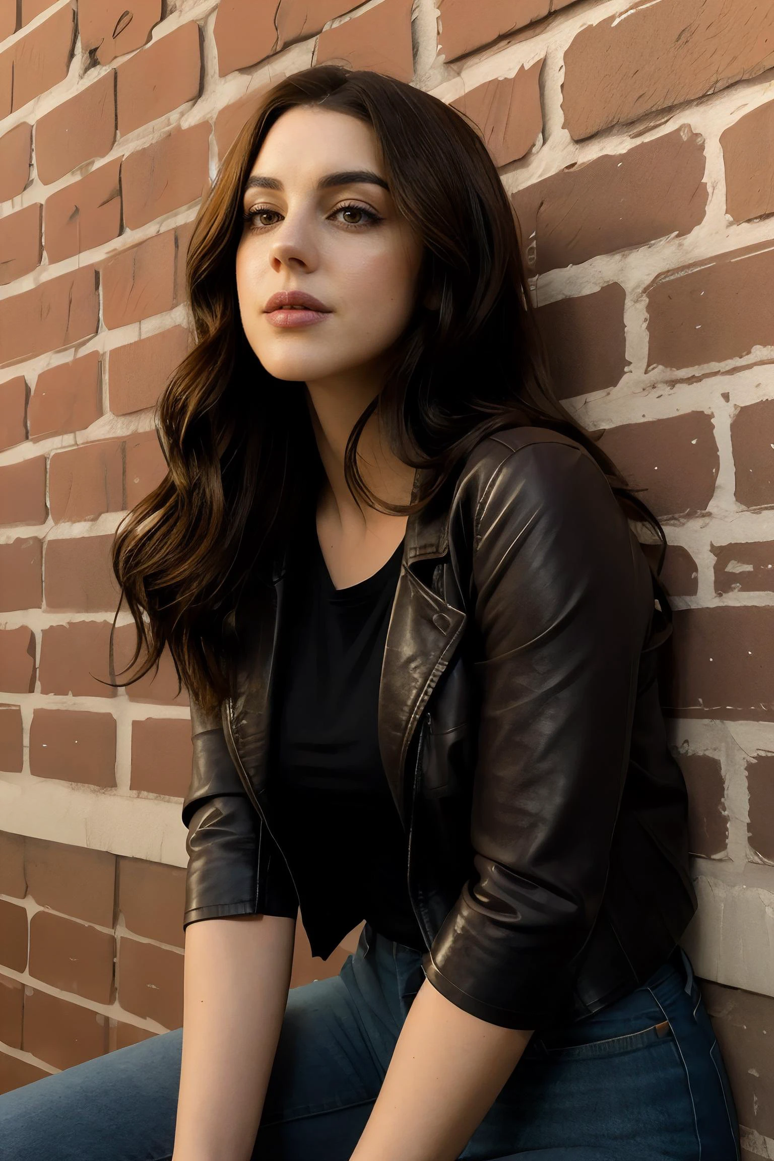 adelaide_kane wearing brown leather jacket, black t-shirt, long wavy hair, eyeliner, lipstick,
upper body portrait, leaning against brick wall, soft lighting,
<lora:AdelaideKane_Ultra:0.8>