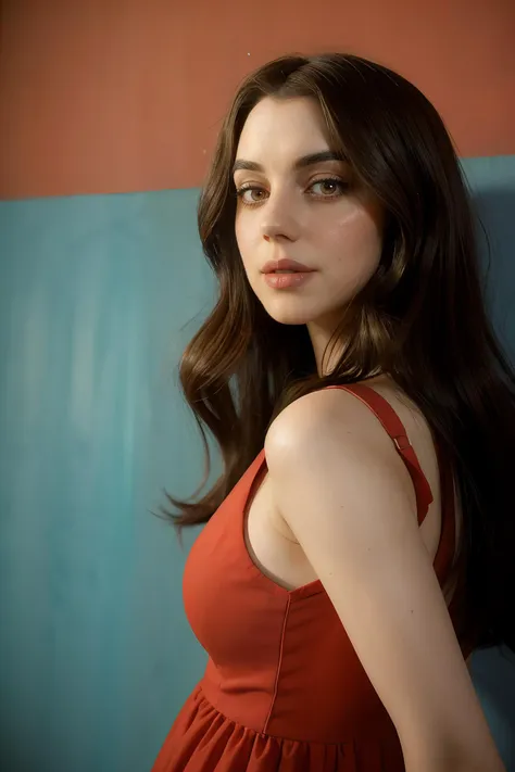 adelaide_kane wearing light blue summer dress, long wavy hair, eyeliner, lipstick, 
upper body portrait, red wall background, soft lighting, 
 <lora:AdelaideKane_Ultra:0.8>