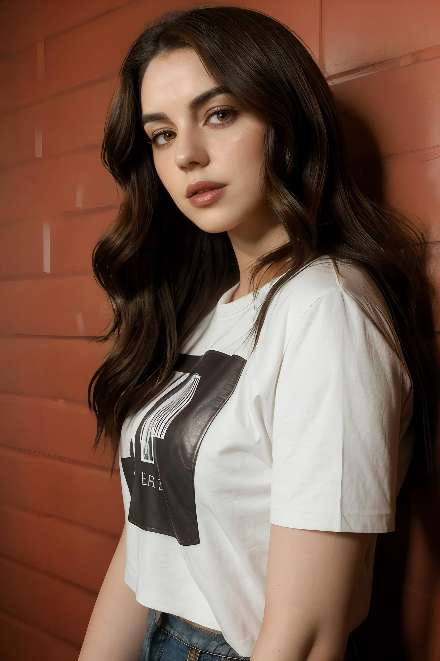adelaide_kane wearing brown leather jacket with white t-shirt, long wavy hair, eyeliner, lipstick,
upper body portrait, red wall background, soft lighting,
<lora:AdelaideKane_Ultra:0.8>