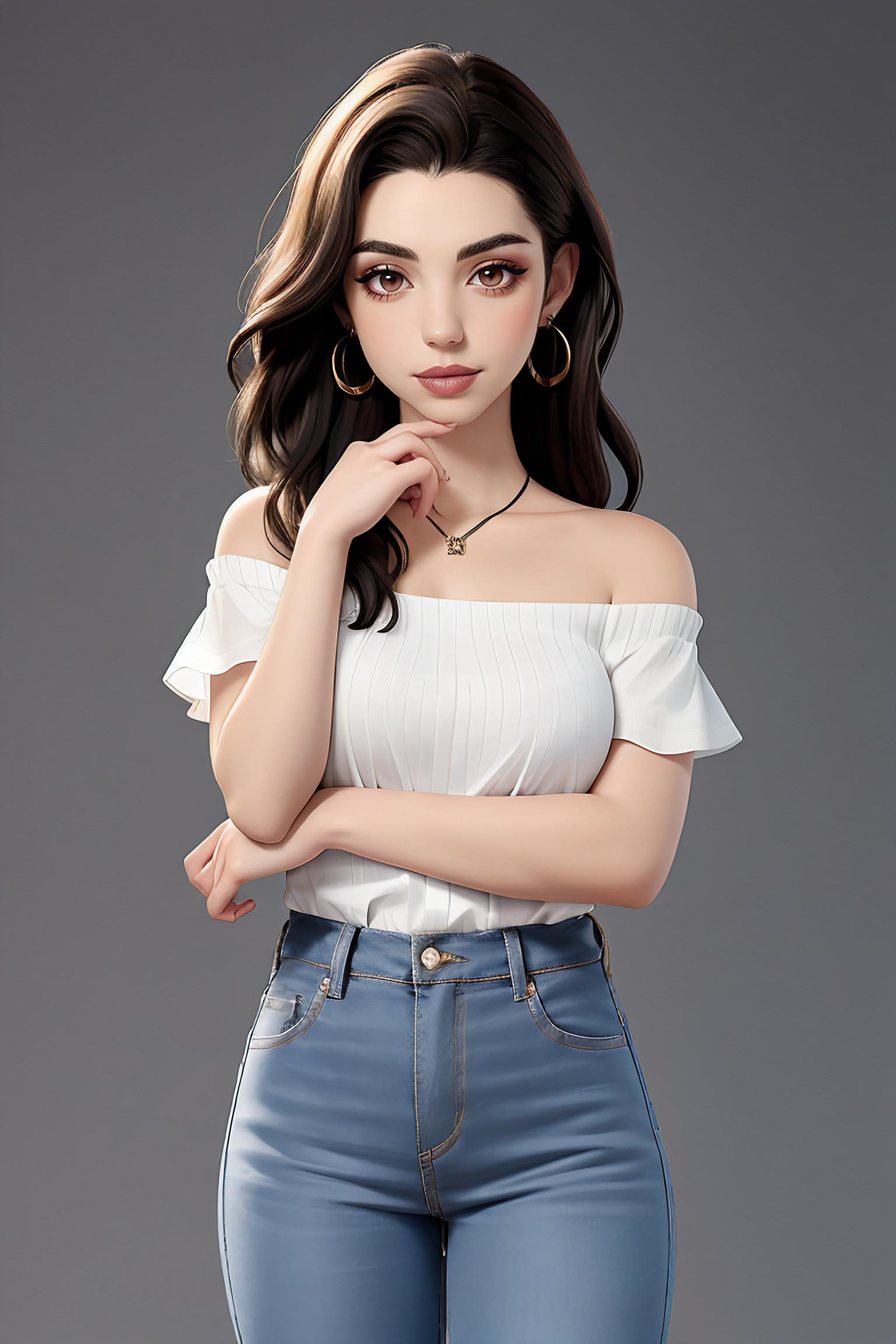 A woman in jeans and a white top posing for a picture - SeaArt AI