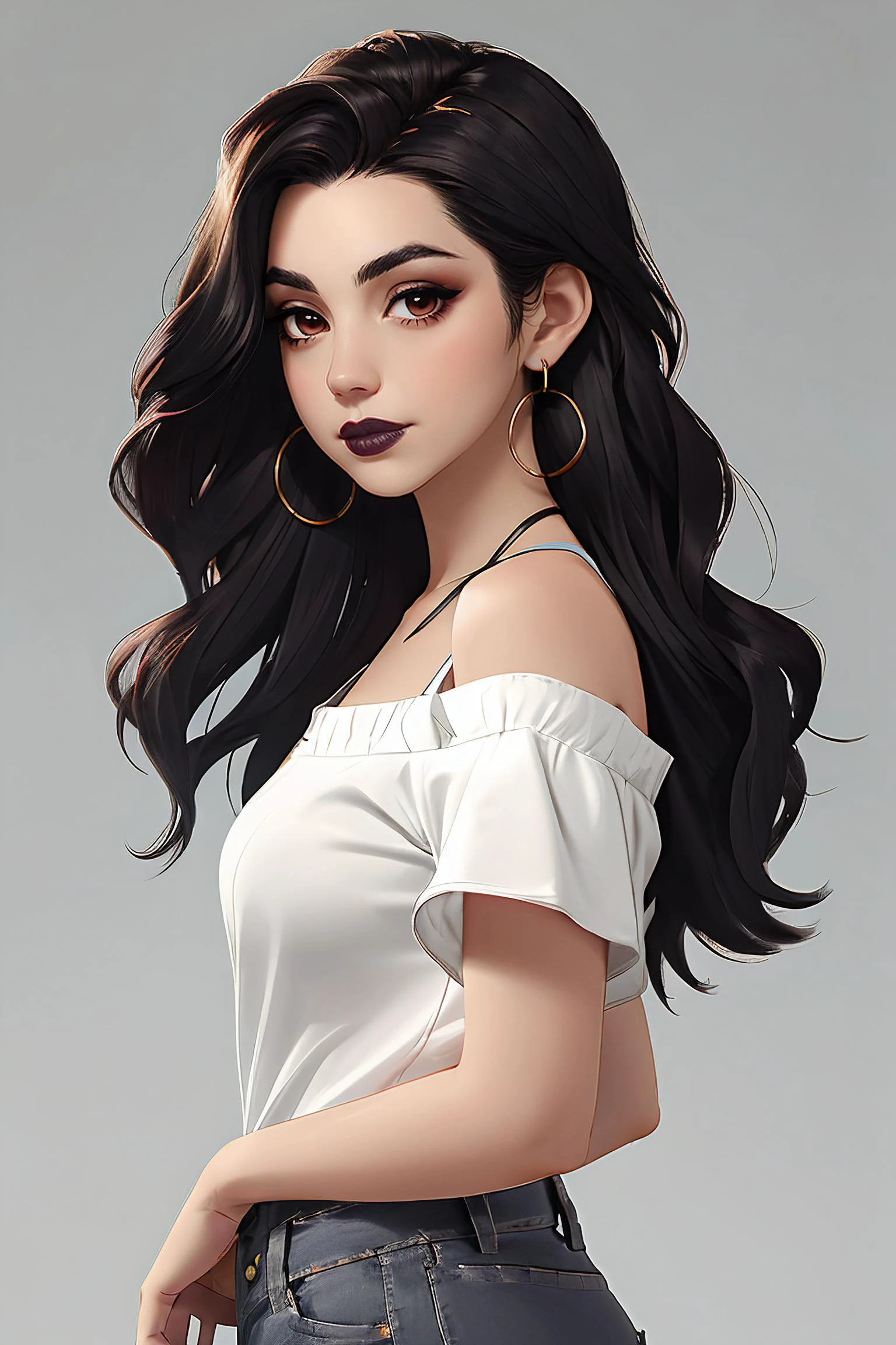 adelaide_kane, long hair, athletic body, symmetrical eyes,
light blue off-shoulder top, grey jeans, earrings, detailed skin, BREAK black lipstick, lipstick, black makeup,
portrait, headshot, head shot, HD, solid white background, realistic, proportionate body,
<lora:Adelaide_Kane:0.8>, <lora:breastsizeslideroffset:-0.3>