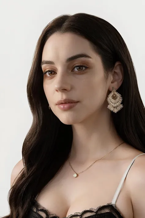 adelaide_kane_v2 wearing lacy crop top, long hair,
white crop top, stud earrings, 
upper body, close up, simple black background, 
<lora:Adelaide_Kane_v2:0.8>