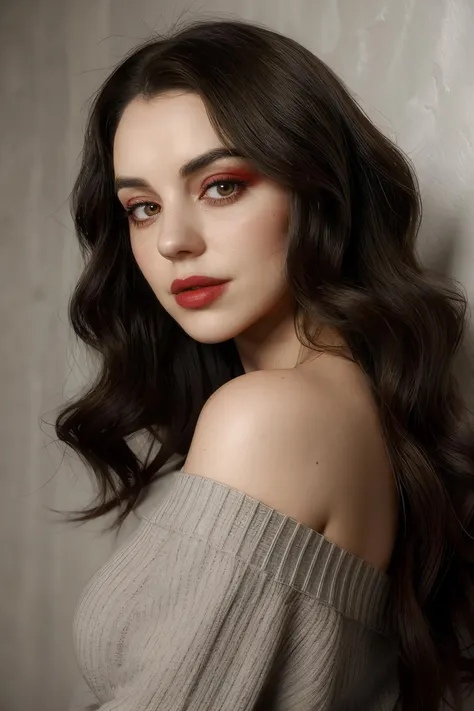 adelaide_kane wearing red off shoulder sweater, long wavy hair, eyeliner, lipstick, 
upper body portrait, gray wall background, soft lighting, 
 <lora:AdelaideKane_Ultra:0.8>