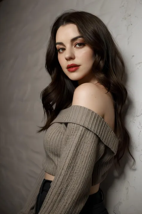 adelaide_kane wearing  off shoulder red sweater, long wavy hair, eyeliner, lipstick, 
upper body portrait, gray wall background, soft lighting, 
 <lora:AdelaideKane_Ultra:0.8>