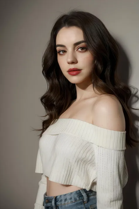 adelaide_kane wearing  off shoulder red sweater, long wavy hair, eyeliner, lipstick, 
upper body portrait, gray wall background, soft lighting, 
 <lora:AdelaideKane_Ultra:0.8>