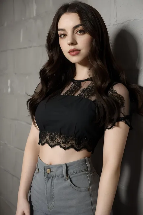 adelaide_kane wearing lacy crop top, long wavy hair, eyeliner, lipstick, 
upper body portrait, gray wall background, soft lighting, 
 <lora:AdelaideKane_Ultra:0.8>