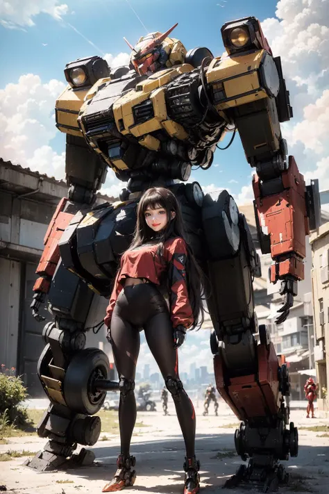 (1 girl is standing in front of a red humanoid mech:1.4)),,Unreal Engine,8k render,Full color,best quality,,ultra high res,Super realistic art,best quality,masterpiece,illustration,an extremely delicate and beautiful,CG,unity,wallpaper,official art.hyperrealistic,Amazing,finely detail,extremely detailed CG unity 8k wallpaper,(realistic, photo-realistic:1.37).,<lora:JJMM:1>,(Red and black mecha color scheme:1.4),