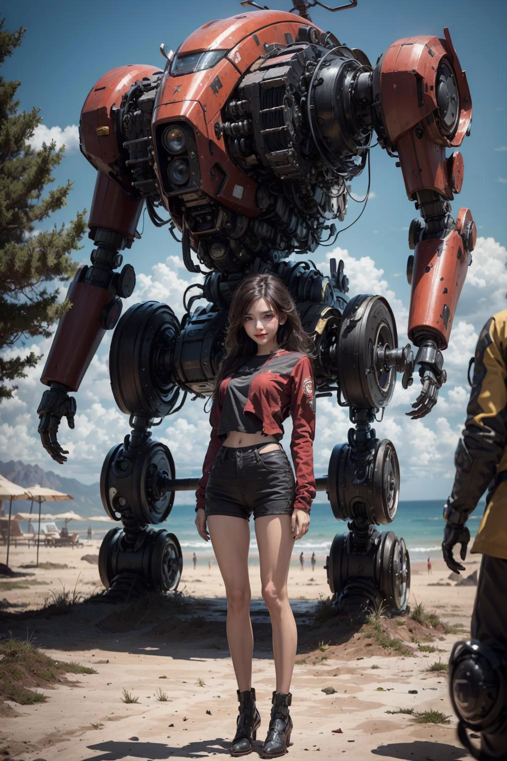 (1 girl is standing in front of a red humanoid mech:1.4)),,Unreal Engine,8k render,Full color,best quality,,ultra high res,Super realistic art,best quality,masterpiece,illustration,an extremely delicate and beautiful,CG,unity,wallpaper,official art.hyperrealistic,Amazing,finely detail,extremely detailed CG unity 8k wallpaper,(realistic, photo-realistic:1.37).,<lora:JJMM:1>,(Red and black mecha color scheme:1.4),