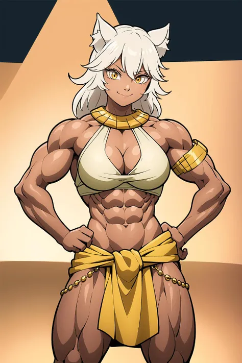 (toned body) abs(muscular:1.5) <lora:PokkutiV3:0.45>
best quality, masterpiece, detailed,
, GranartNeedakitta,
1girl, closed mouth, smile,
dark skin, white hair, very long hair, yellow eyes, slit pupils, cat ears,
egyptian clothes, neck ring, gold trim, halterneck, armor, cleavage,
standing, looking at viewer, (facing viewer:1.2), hands on own hips,
arena, stone <lora:ç«äººå
¬ä¸»:0.8>