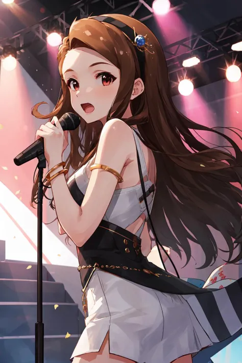 1girl, solo, dsiori, long hair, brown hair, brown eyes, jewelry, hairband, bracelet, microphone, audience, <lyco:Karakter - Minase Iori:1.0>