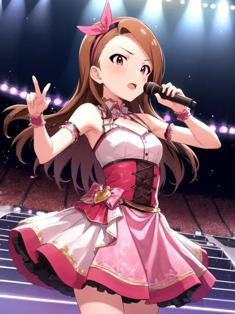masterpiece, best quality, 1girl, solo, dsiori, brown hair, long hair, pink eyes, small breasts, hairband, dress, idol clothes, bare shoulders, standing, stage, audience, detailed background, holding microphone, cowboy shot, idolmaster
<lyco:dsiori_lc_768:1>