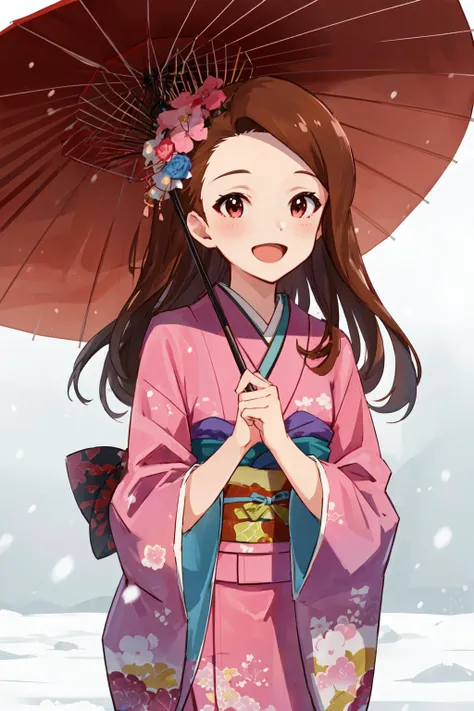 1girl, solo, dsiori, smile, open mouth, brown hair, hair ornament, brown eyes, flower, :d, japanese clothes, hair flower, kimono, umbrella, snow, oil-paper umbrella, pink kimono, <lyco:Karakter - Minase Iori:1.0>