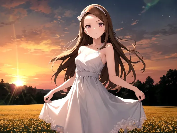 masterpiece, best quality, 1girl, solo, dsiori, brown hair, long hair, pink eyes, small breasts, hairband, white dress, bare shoulders, outdoors, flower field, sunset, lens flare, detailed background, cowboy shot
<lyco:dsiori_lc_768:1>