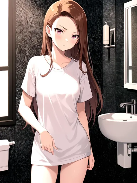 masterpiece, best quality, 1girl, solo, dsiori, brown hair, long hair, pink eyes, small breasts, t-shirt, long shirt, bare legs, standing, indoors, bathroom, detailed background, cowboy shot
<lyco:dsiori_lc_768:1>
