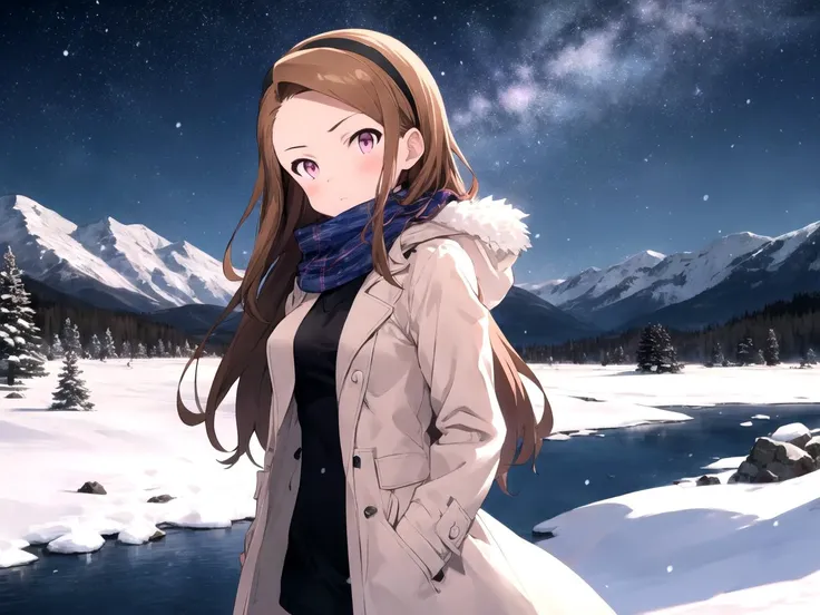 masterpiece, best quality, 1girl, solo, dsiori, brown hair, long hair, pink eyes, small breasts, hairband, winter coat, scarf, outdoors, mountains, winter, snow, night sky, detailed background, cowboy shot
<lyco:dsiori_lc_768:1>