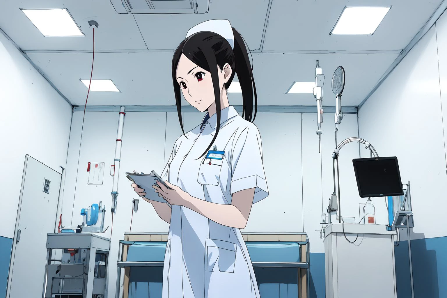 (RAW photo, best quality), wide angle photo, masterpiece, 1girl, natural lighting, solo,
hospital, operating room, surgical gloves,
(((White))) nurse uniform smooth, nurse, stethoscope <lora:NurseUniform0_1:0.8>,
<lora:ray_kasugano_animation_v2_2-000001:1>, ray kasugano, ponytail,
