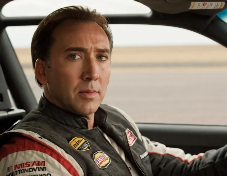 breathtaking <lora:Nick Cage - SDXL - Trigger w Nickcage Person:1> A scene from a new film starring nickcage person as a race car driver. The scene takes place on a race track and involves nickcage person racing against his rival. The style is sports, high speed, dynamic camera angles. . award-winning, professional, highly detailed