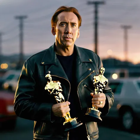 <lora:Nick Cage - SDXL - Trigger w Nickcage Person:1> nickcage person is holding a large number of Oscar trophies in his arms. He has so many it's difficult to carry them. dusk in a parking lot.