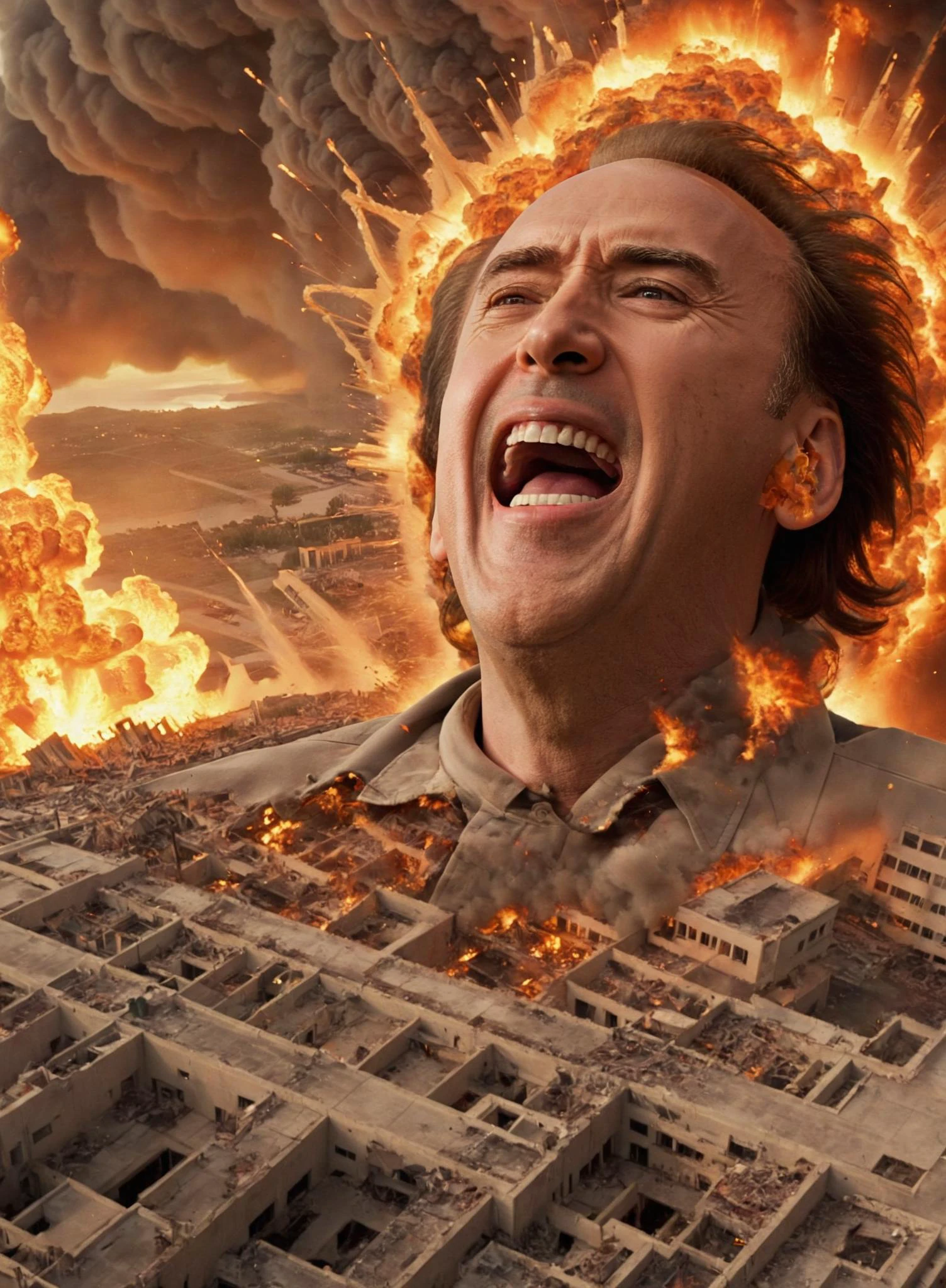 Nickcage person as a god laughing mancially over a landscape of destruction, maniacal laughter, Explosion Artstyle, <lora:Nick Cage - SDXL - Trigger w Nickcage Person:0.6>, <lora:maniacal_laughter:0.8>, <lora:Explosion Artstyle - Trigger is Explosion Artstyle:0.8>