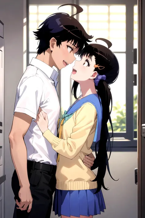 A naked middle-aged man stands facing a cute girl with modest pubic hair and black bob hair, who is trying to escape, with her eyes wide open and crying, struggling to get away, and then he hugs her, forcibly kisses her, and presses his crotch against hers.、classroom